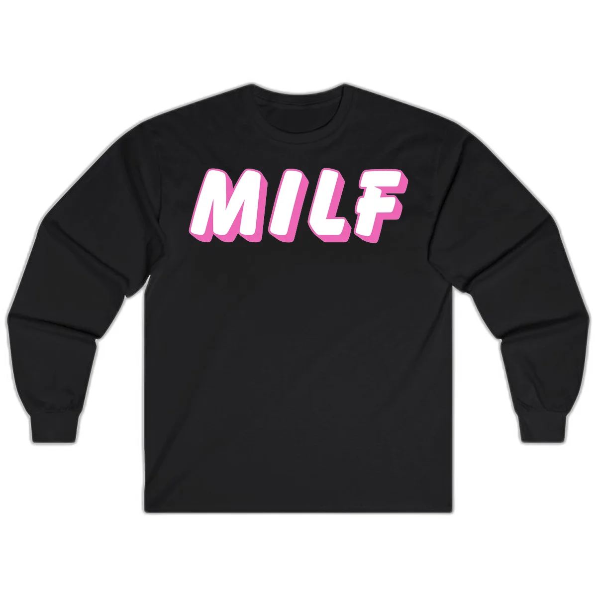 Bold white block letters spelling MILF with pink 3D shadow effect on gray background in Black