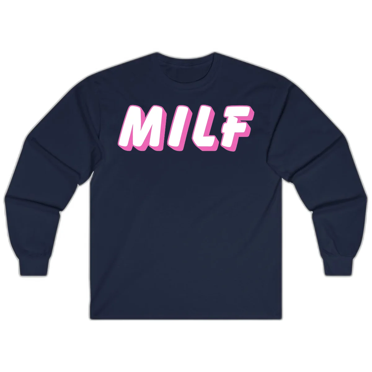 Bold white block letters spelling MILF with pink 3D shadow effect on gray background in Navy