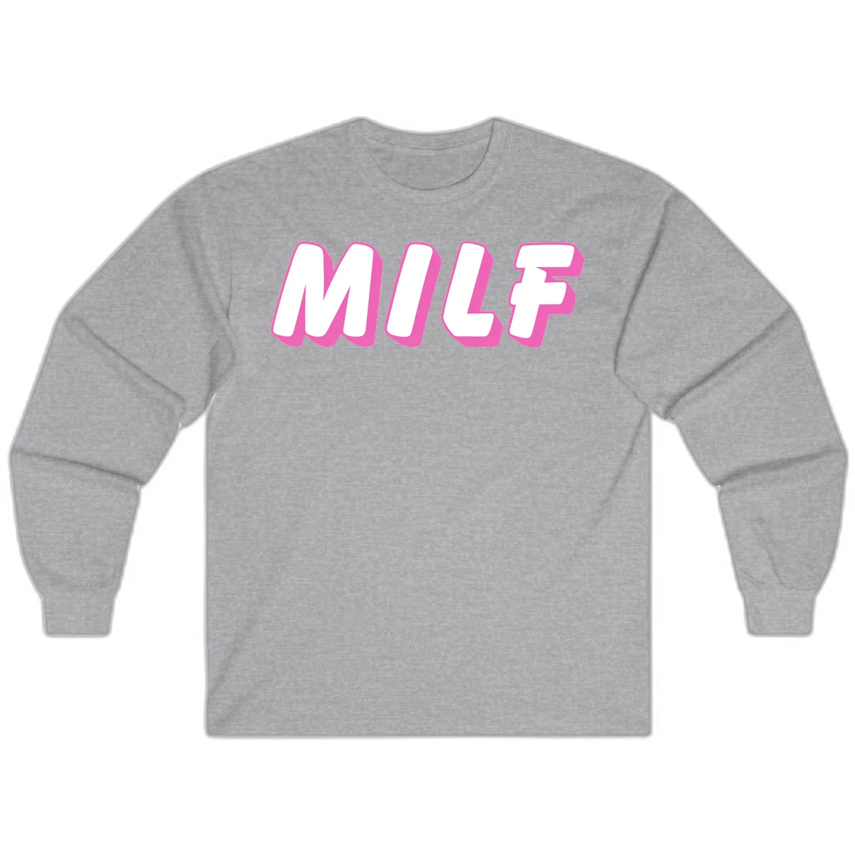 Bold white block letters spelling MILF with pink 3D shadow effect on gray background in Sport Grey