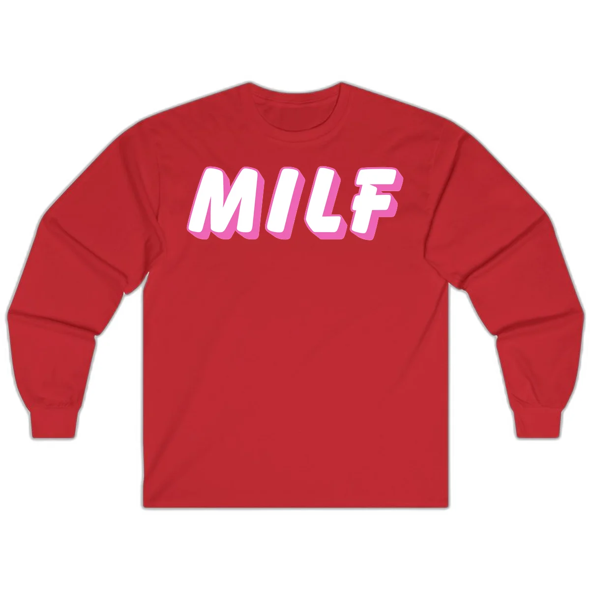 Bold white block letters spelling MILF with pink 3D shadow effect on gray background in Red
