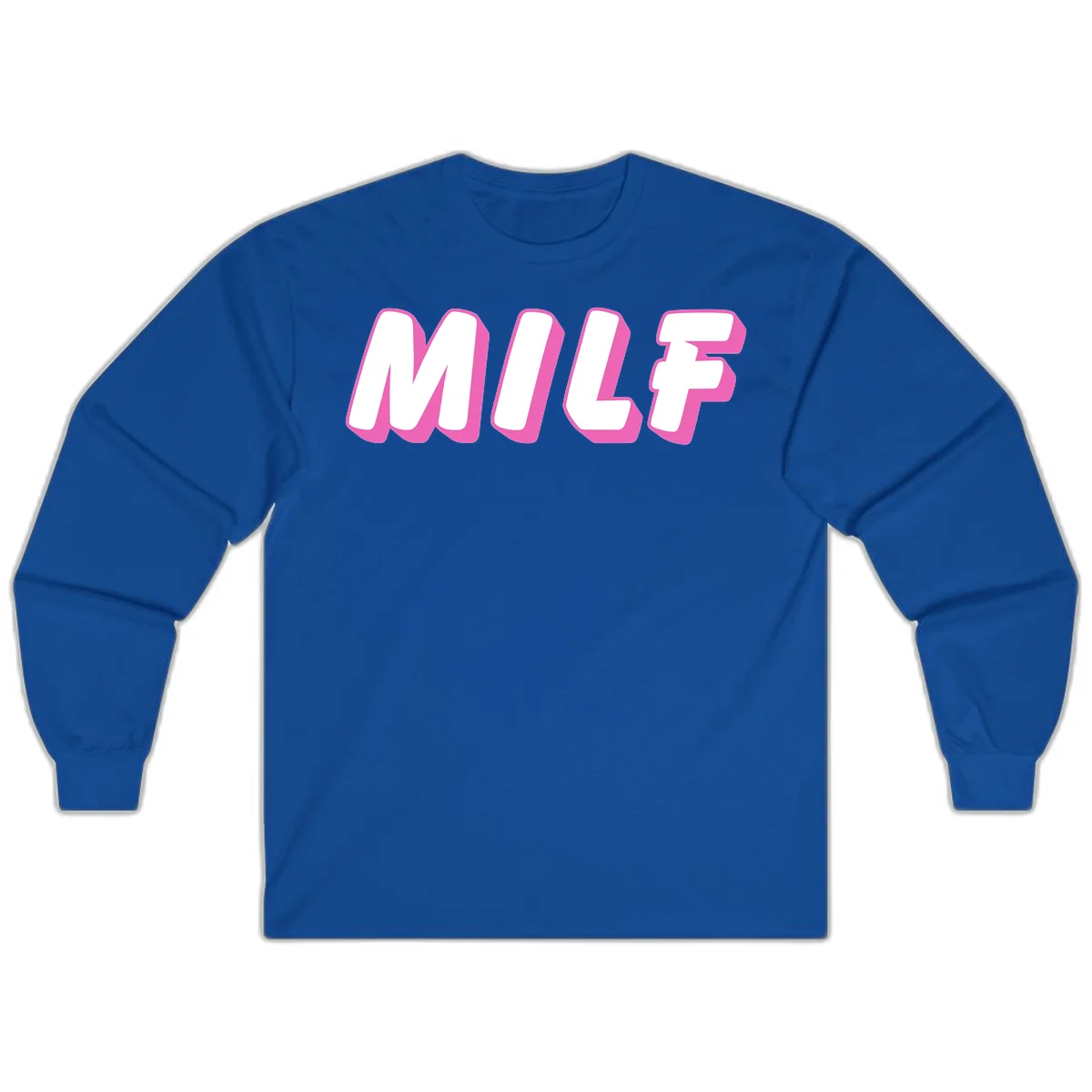 Bold white block letters spelling MILF with pink 3D shadow effect on gray background in Royal