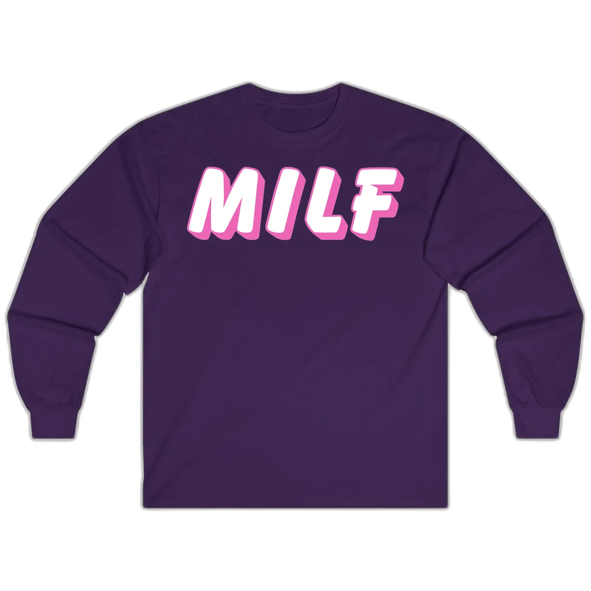 Bold white block letters spelling MILF with pink 3D shadow effect on gray background in Purple