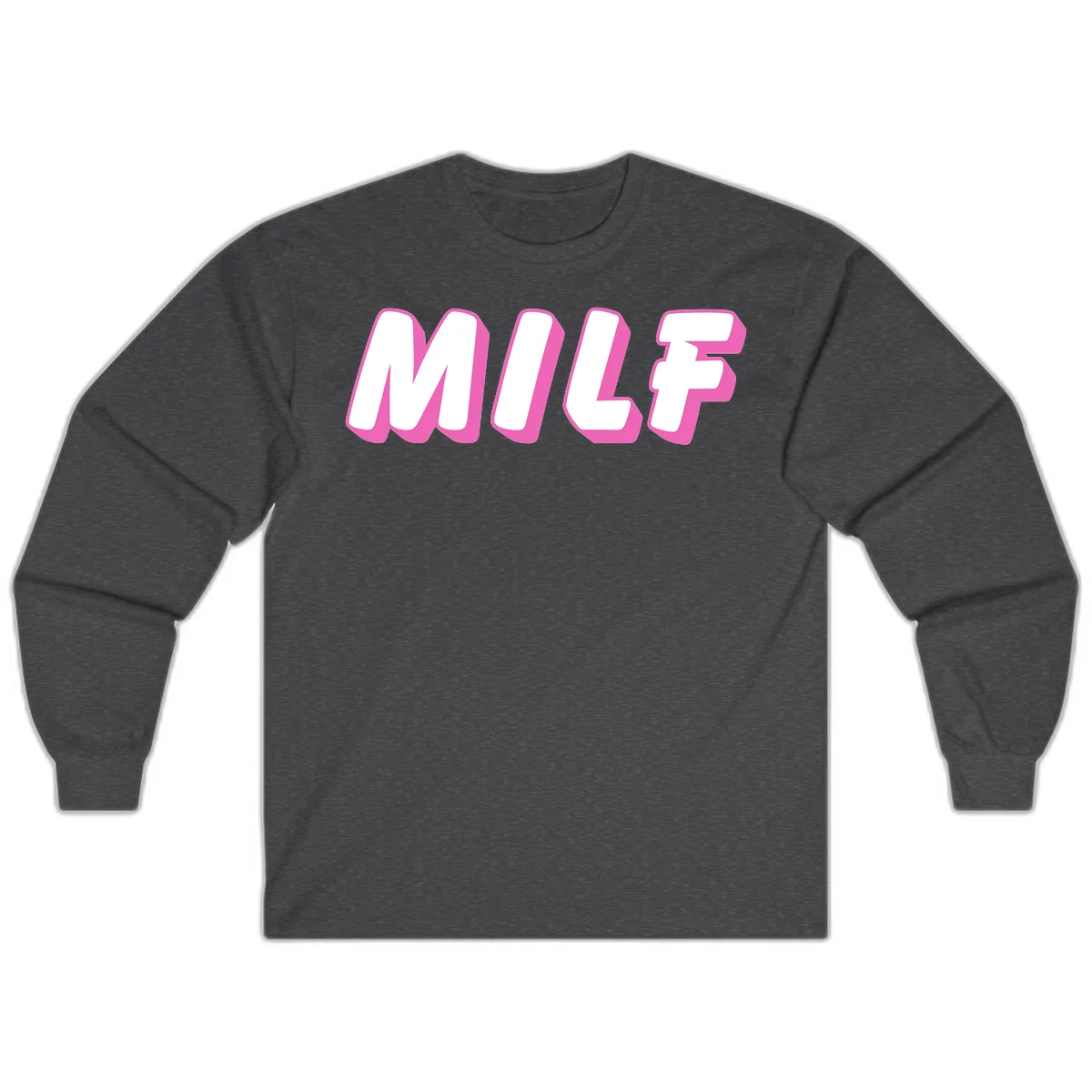 Bold white block letters spelling MILF with pink 3D shadow effect on gray background in Dark Heather
