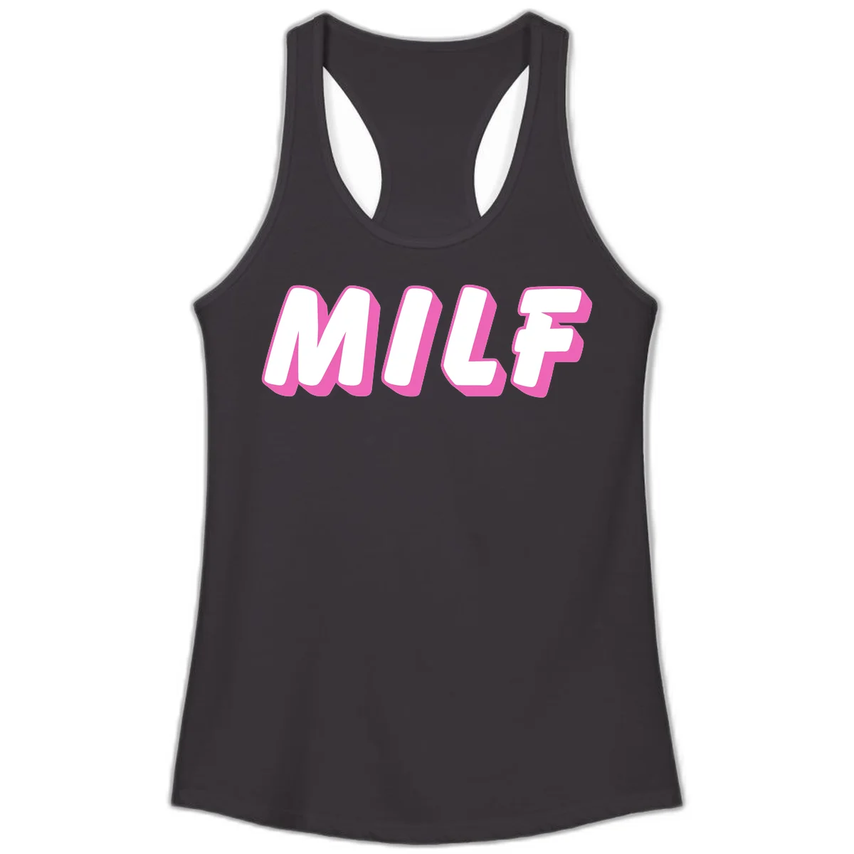 Bold white block letters spelling MILF with pink 3D shadow effect on gray background in Black