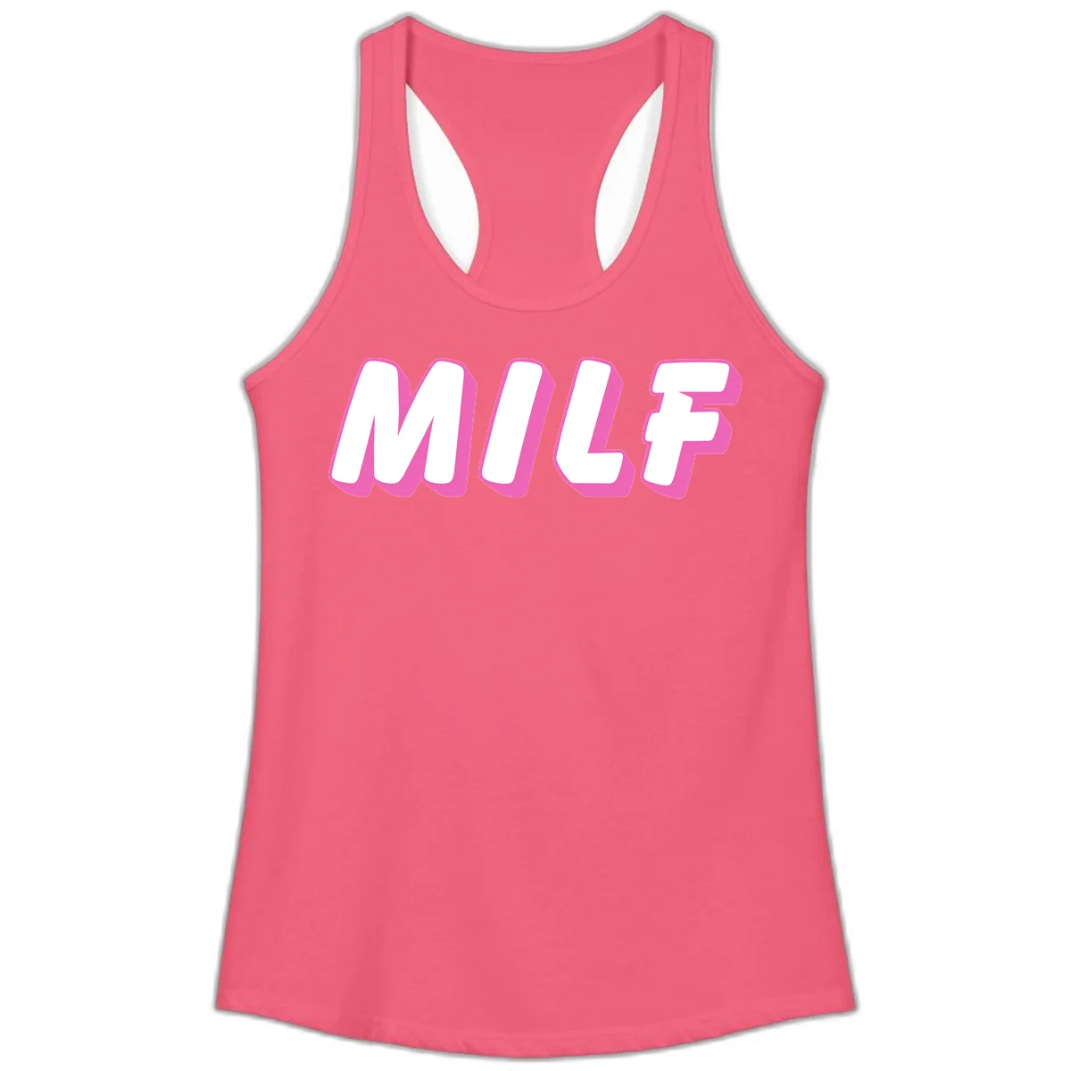 Bold white block letters spelling MILF with pink 3D shadow effect on gray background in Hot Pink