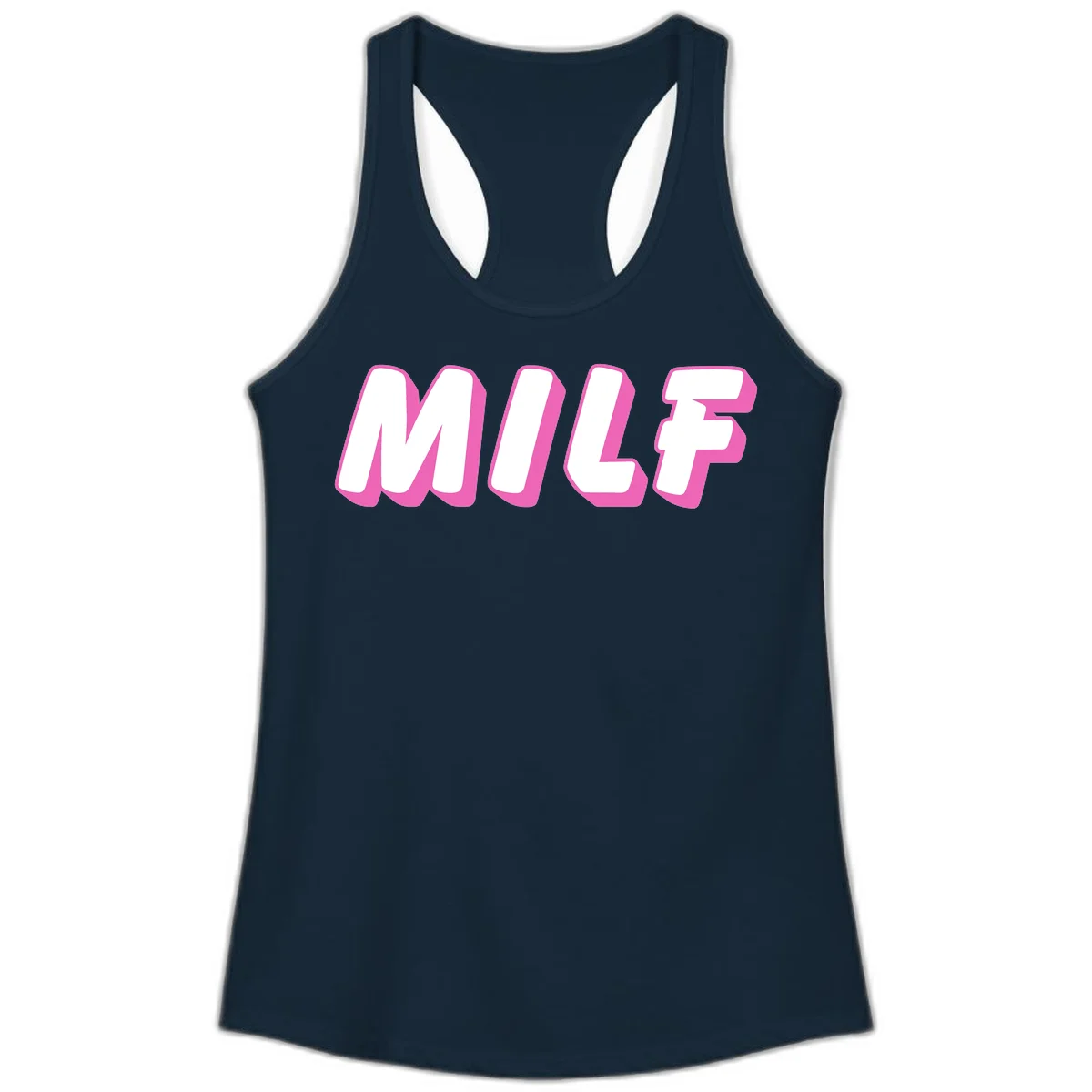 Bold white block letters spelling MILF with pink 3D shadow effect on gray background in Solid Midnight Navy