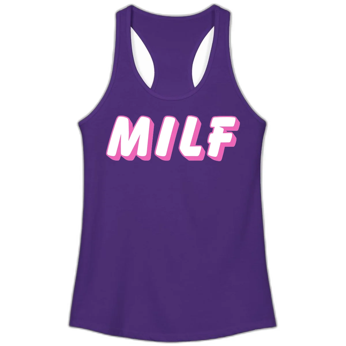 Bold white block letters spelling MILF with pink 3D shadow effect on gray background in Solid Purple Rush