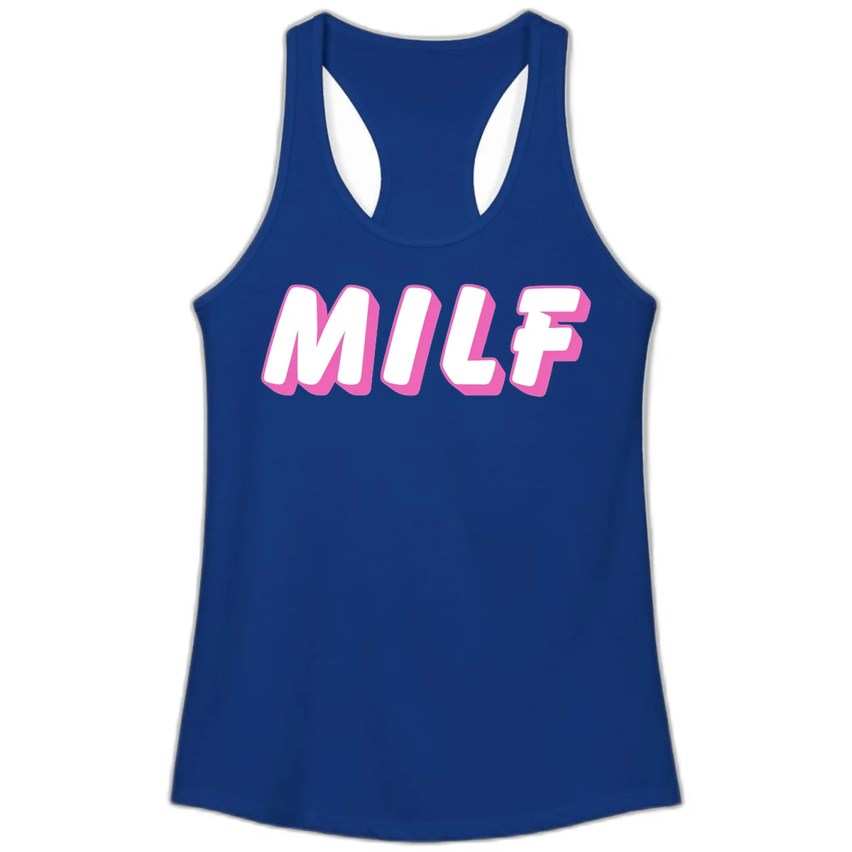 Bold white block letters spelling MILF with pink 3D shadow effect on gray background in Solid Royal