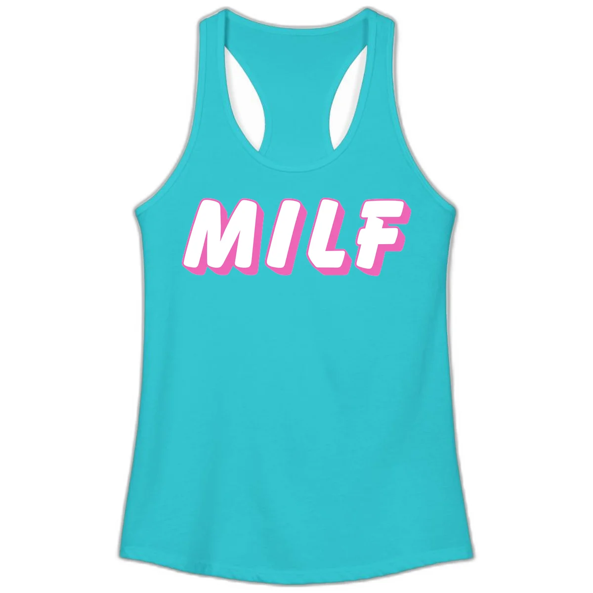Bold white block letters spelling MILF with pink 3D shadow effect on gray background in Solid Tahiti Blue