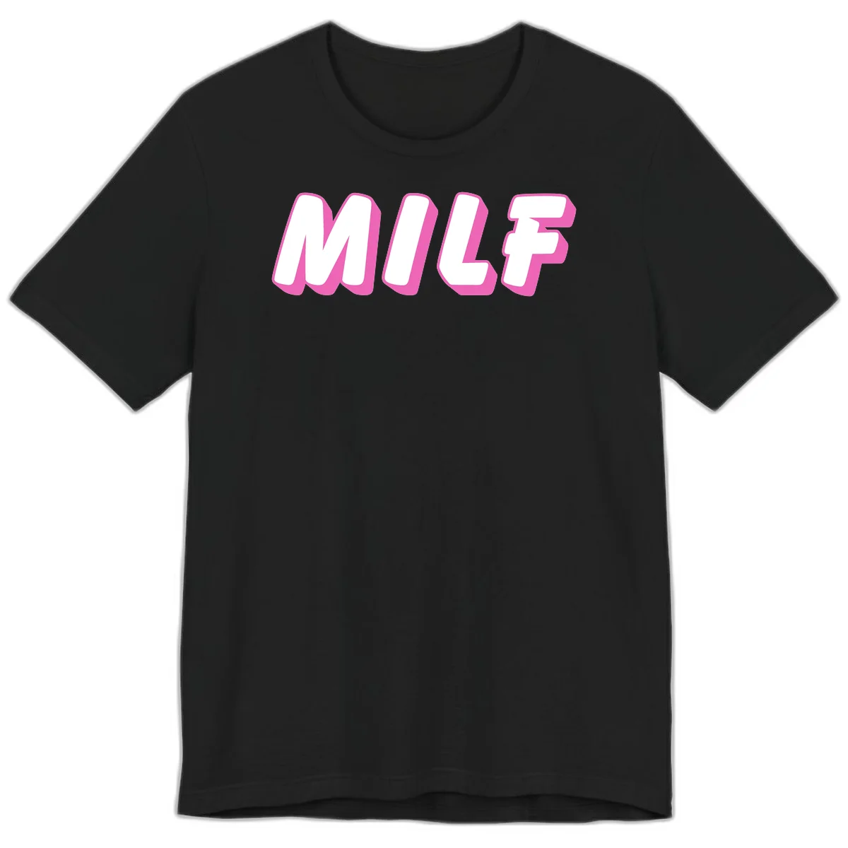 Bold white block letters spelling MILF with pink 3D shadow effect on gray background in Black
