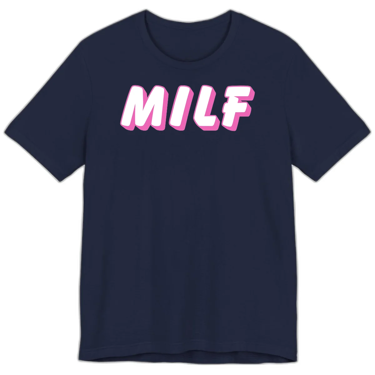 Bold white block letters spelling MILF with pink 3D shadow effect on gray background in Navy
