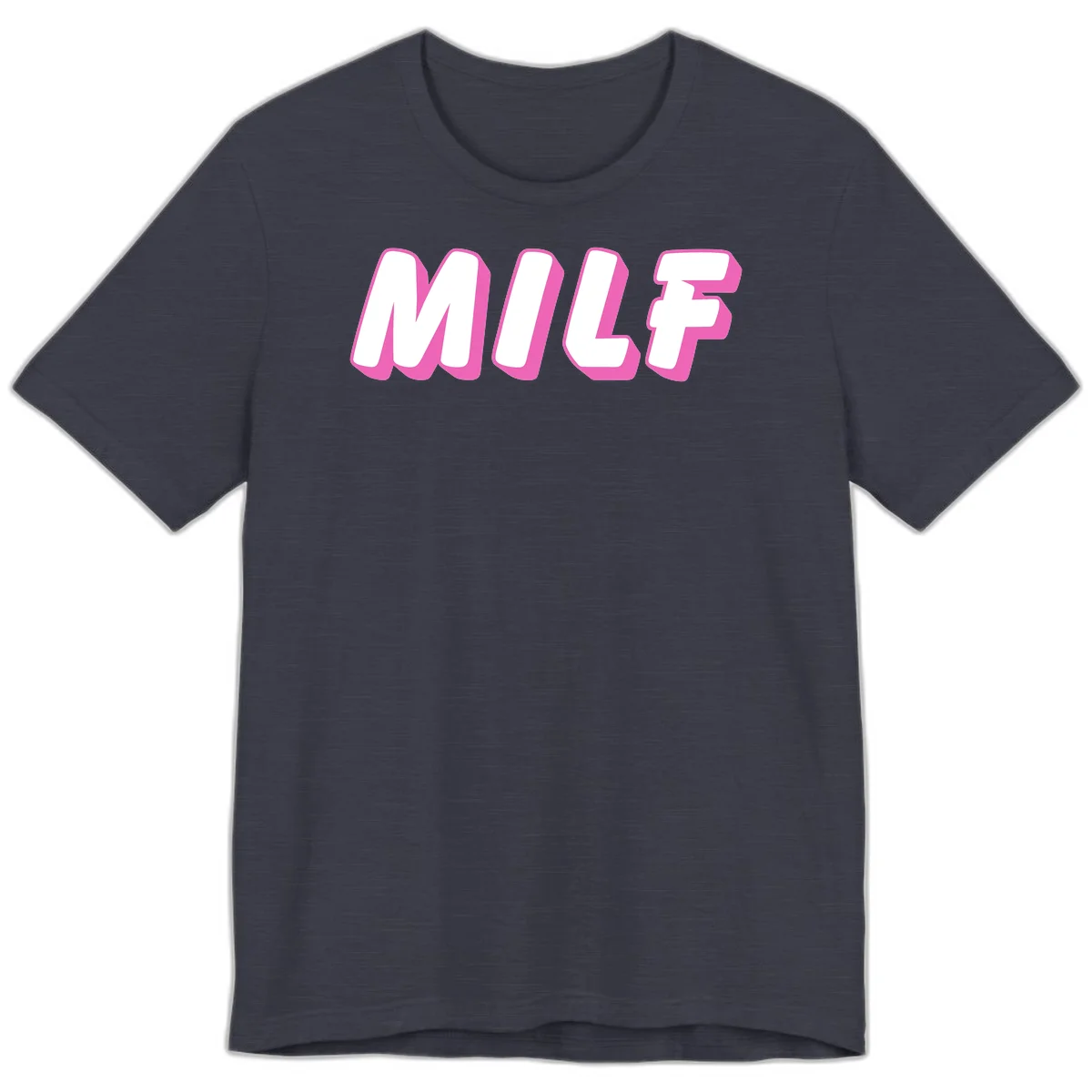Bold white block letters spelling MILF with pink 3D shadow effect on gray background in Heather Midnight Navy