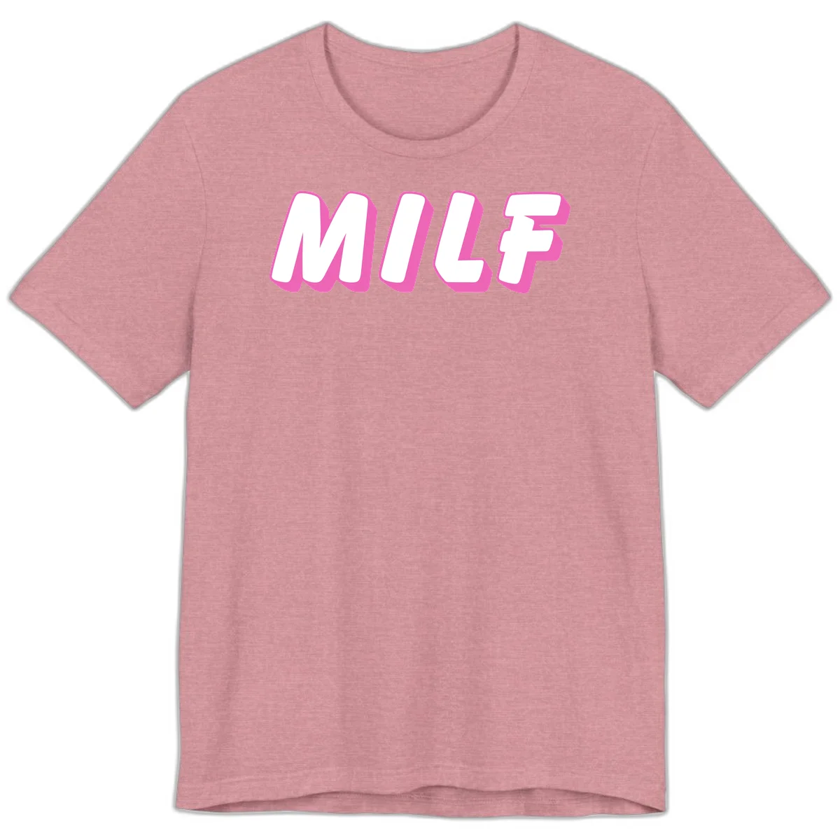 Bold white block letters spelling MILF with pink 3D shadow effect on gray background in Heather Orchid