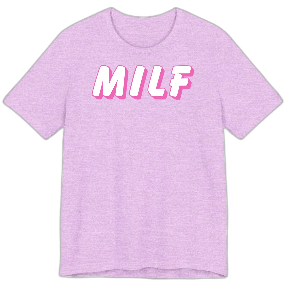 Bold white block letters spelling MILF with pink 3D shadow effect on gray background in Heather Prism Lilac