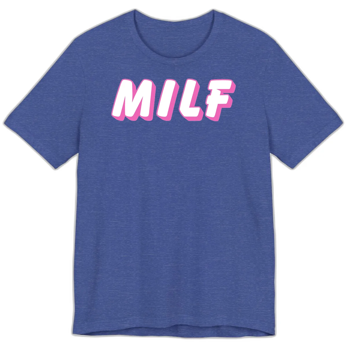 Bold white block letters spelling MILF with pink 3D shadow effect on gray background in Heather True Royal