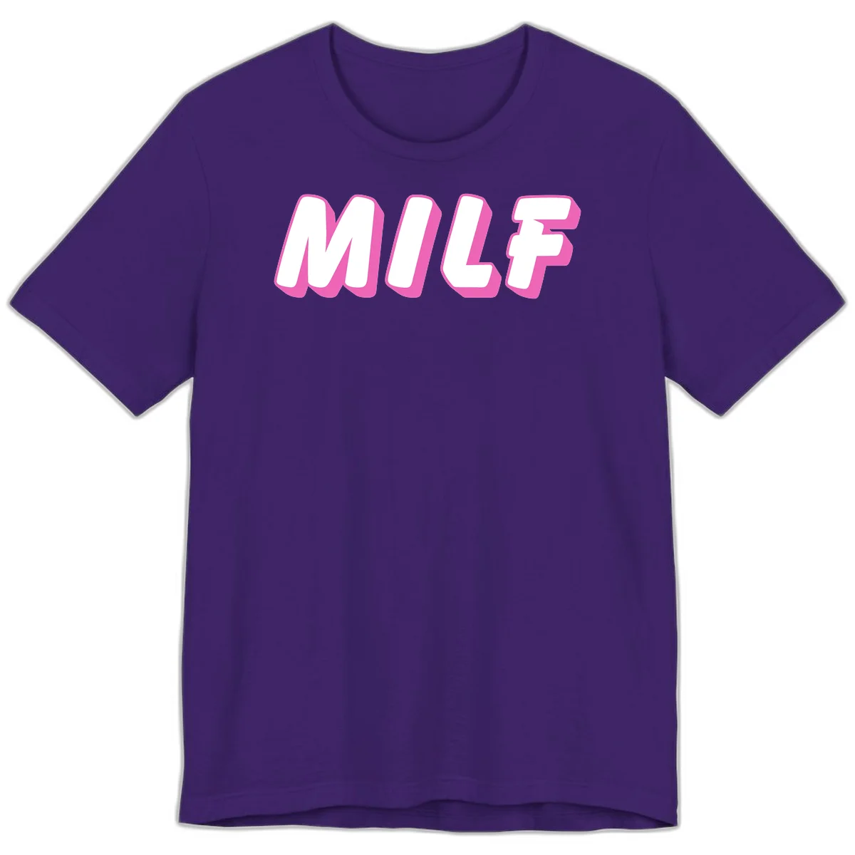 Bold white block letters spelling MILF with pink 3D shadow effect on gray background in Team Purple