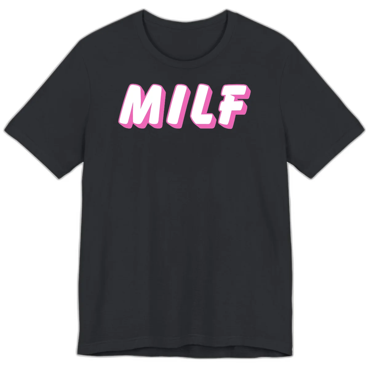Bold white block letters spelling MILF with pink 3D shadow effect on gray background in Vintage Black