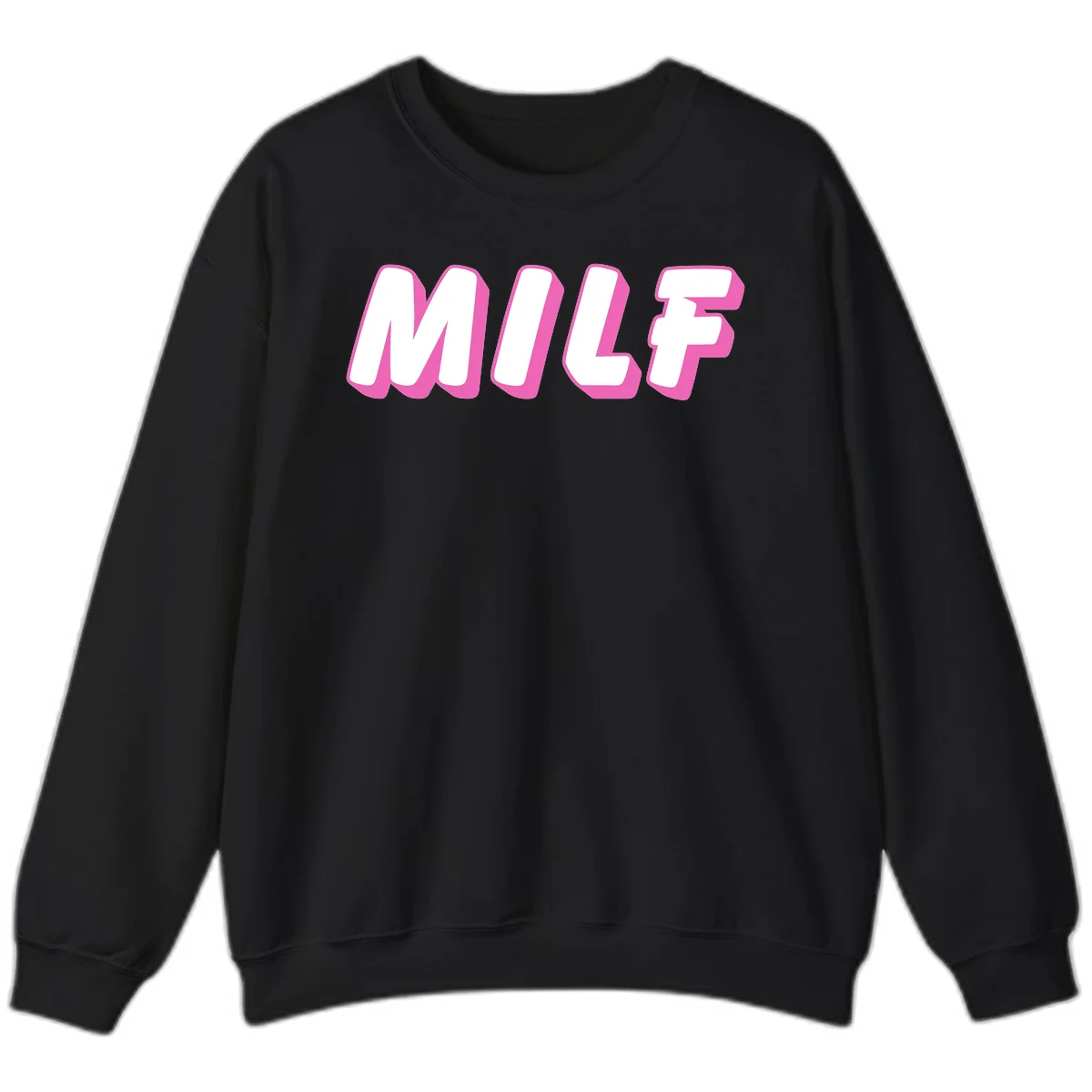 Bold white block letters spelling MILF with pink 3D shadow effect on gray background in Black