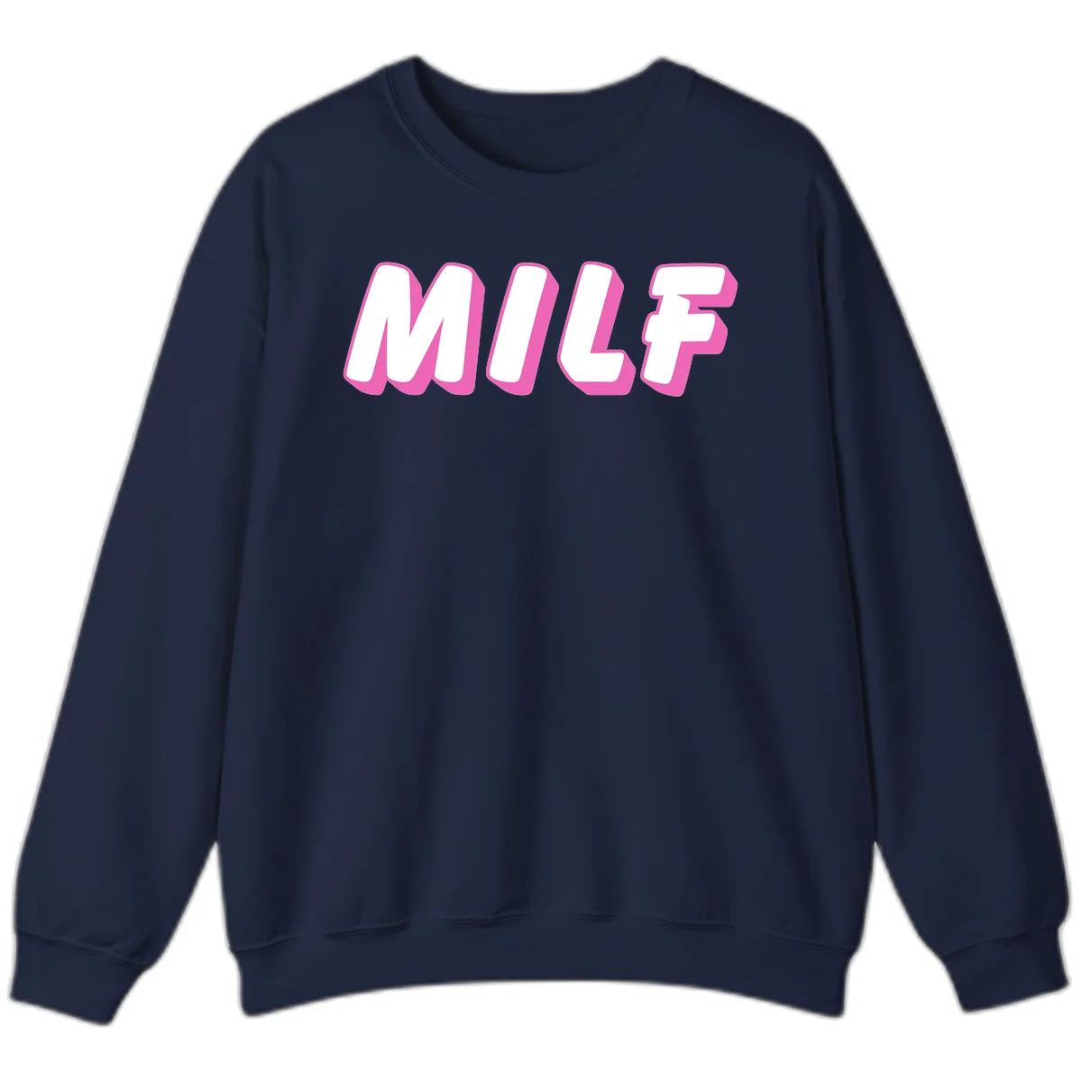 Bold white block letters spelling MILF with pink 3D shadow effect on gray background in Navy