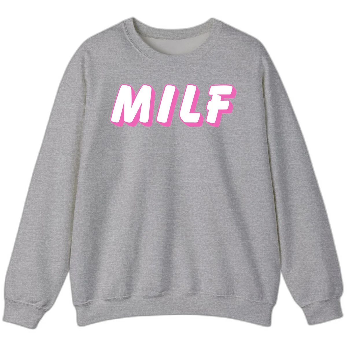 Bold white block letters spelling MILF with pink 3D shadow effect on gray background in Sport Grey