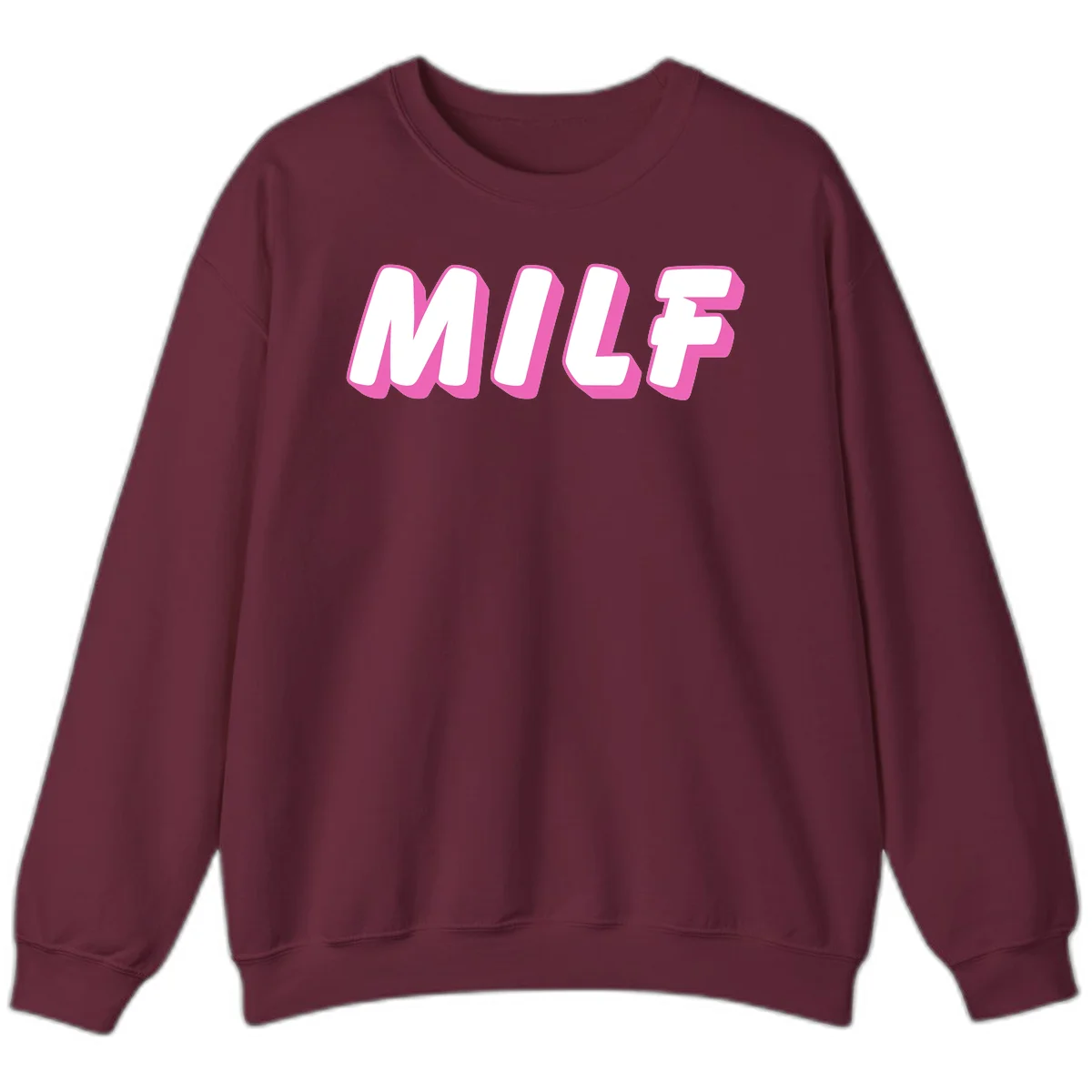 Bold white block letters spelling MILF with pink 3D shadow effect on gray background in Maroon
