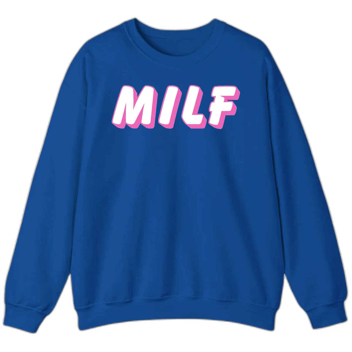 Bold white block letters spelling MILF with pink 3D shadow effect on gray background in Royal
