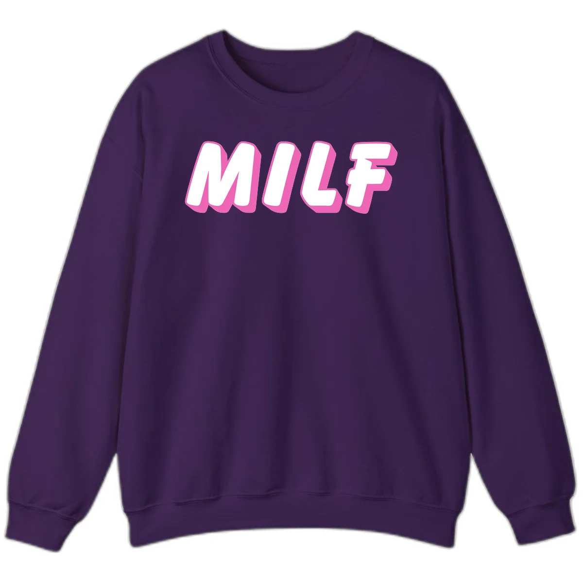 Bold white block letters spelling MILF with pink 3D shadow effect on gray background in Purple