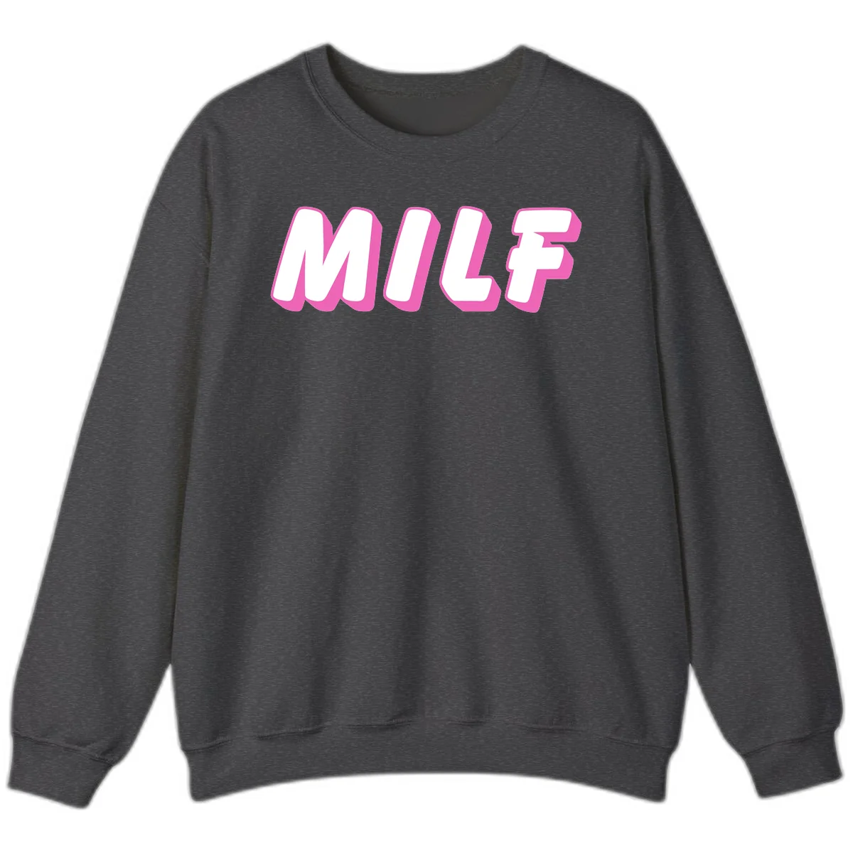 Bold white block letters spelling MILF with pink 3D shadow effect on gray background in Dark Heather