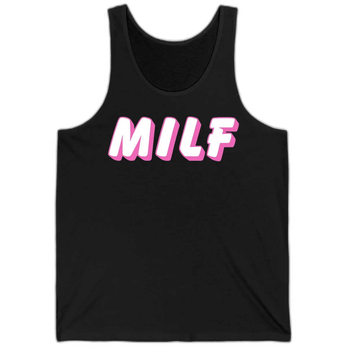 Bold white block letters spelling MILF with pink 3D shadow effect on gray background in Black