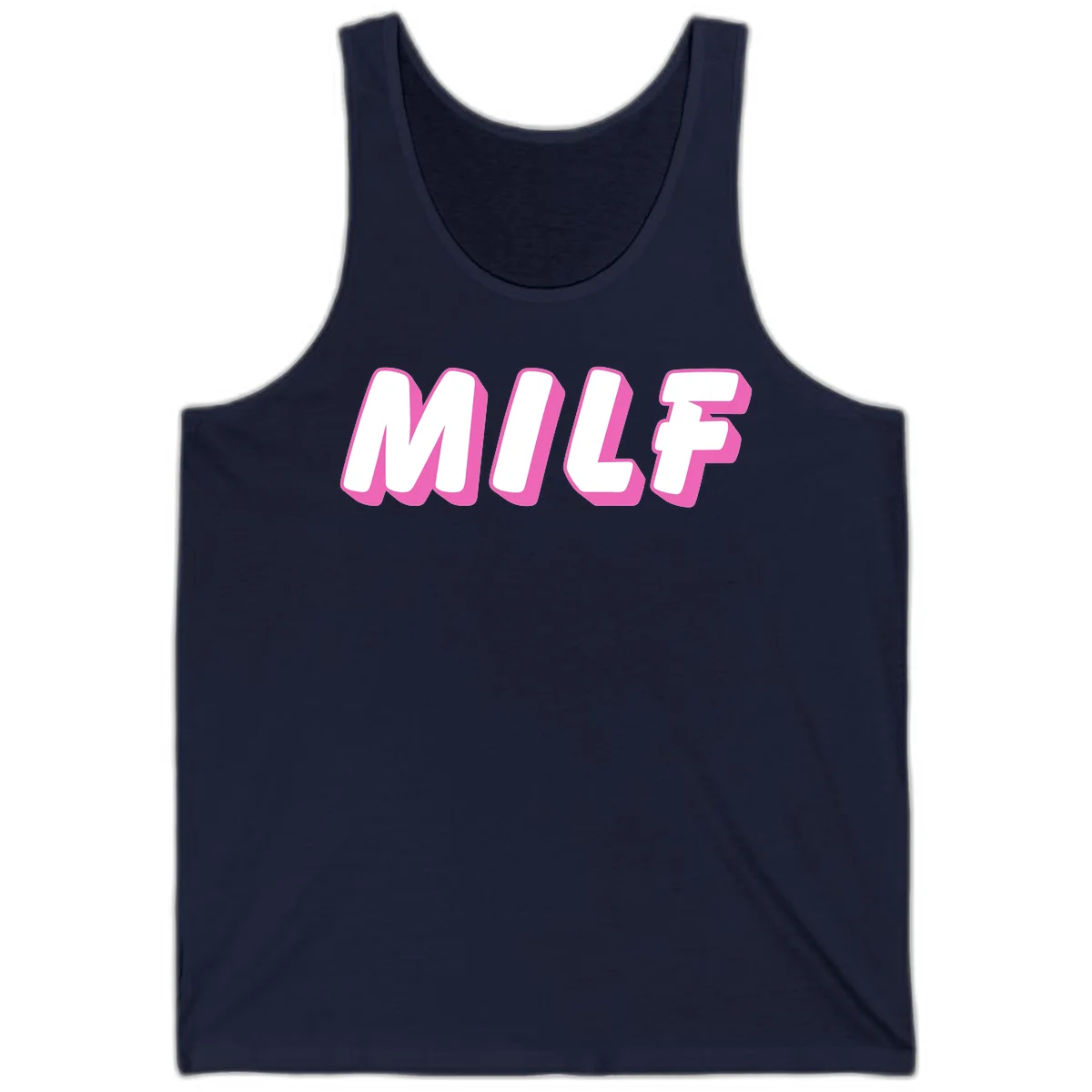 Bold white block letters spelling MILF with pink 3D shadow effect on gray background in Navy