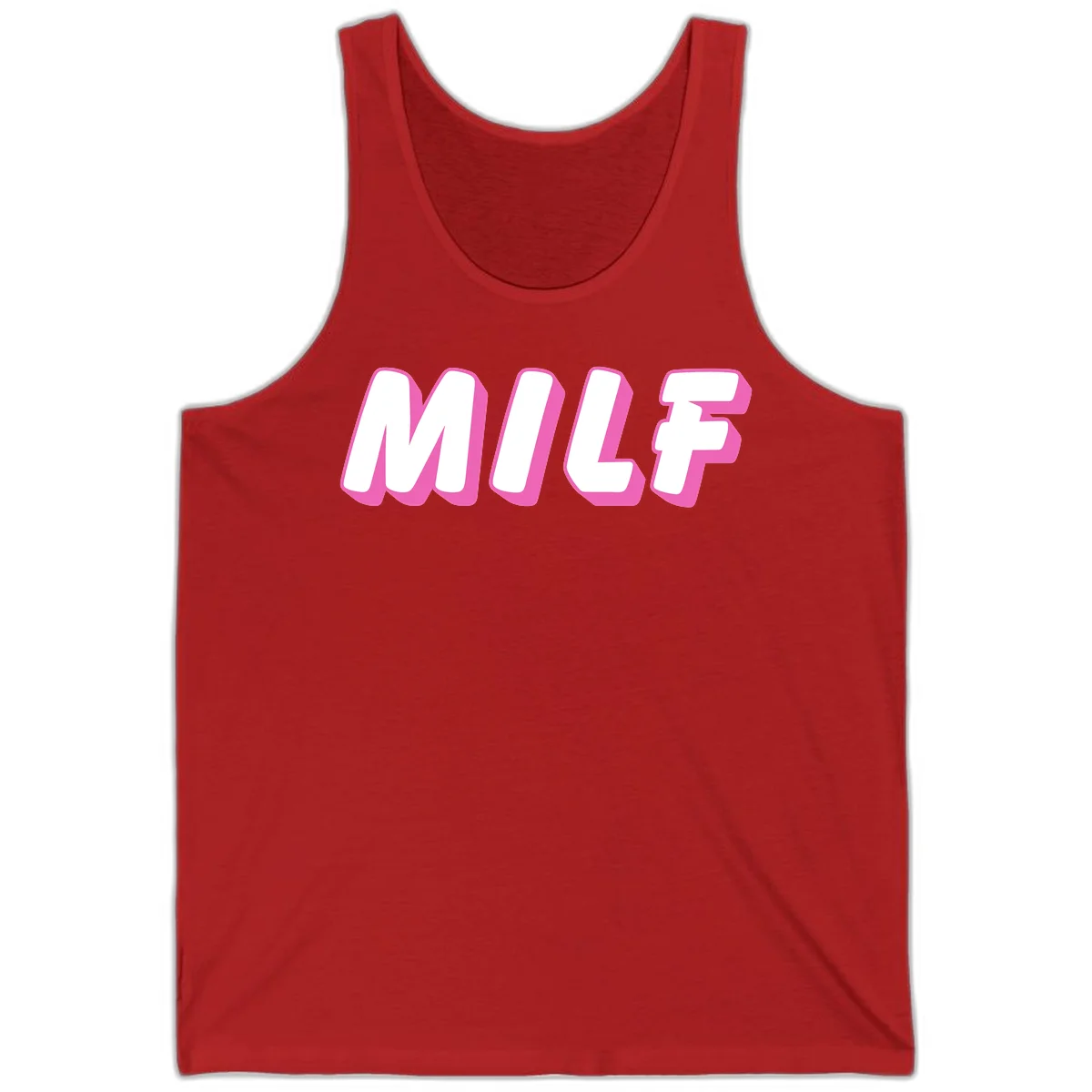 Bold white block letters spelling MILF with pink 3D shadow effect on gray background in Red
