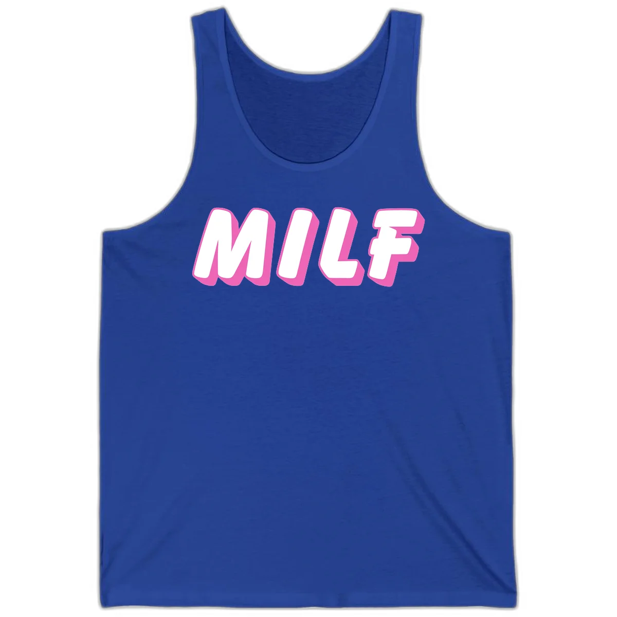 Bold white block letters spelling MILF with pink 3D shadow effect on gray background in True Royal