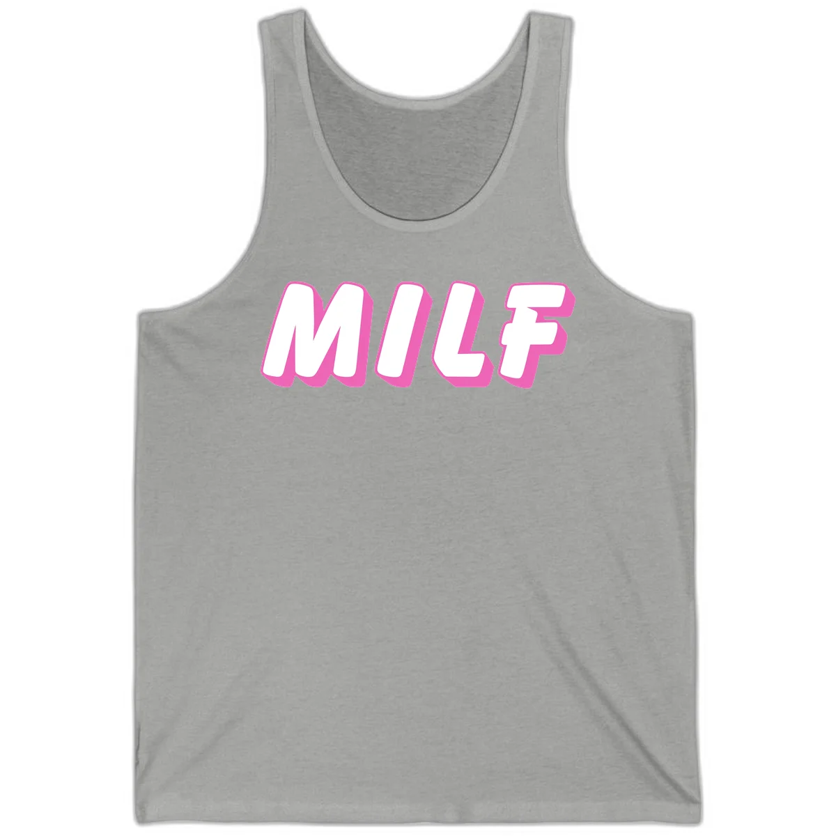 Bold white block letters spelling MILF with pink 3D shadow effect on gray background in Athletic Heather