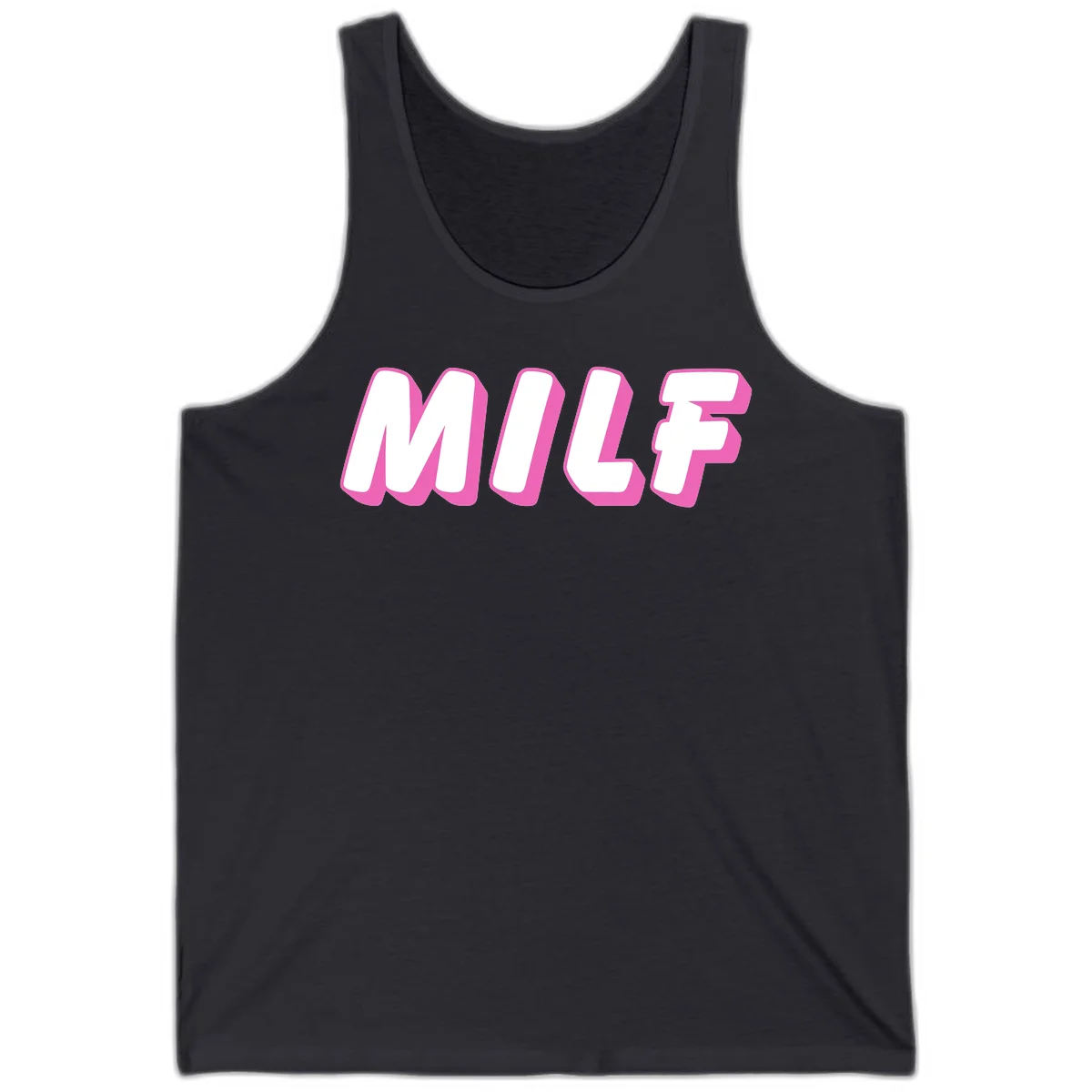 Bold white block letters spelling MILF with pink 3D shadow effect on gray background in Dark Grey