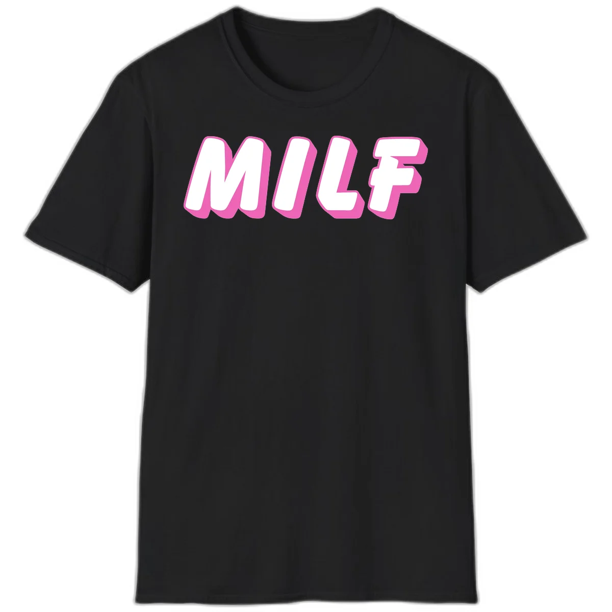 Bold white block letters spelling MILF with pink 3D shadow effect on gray background in Black