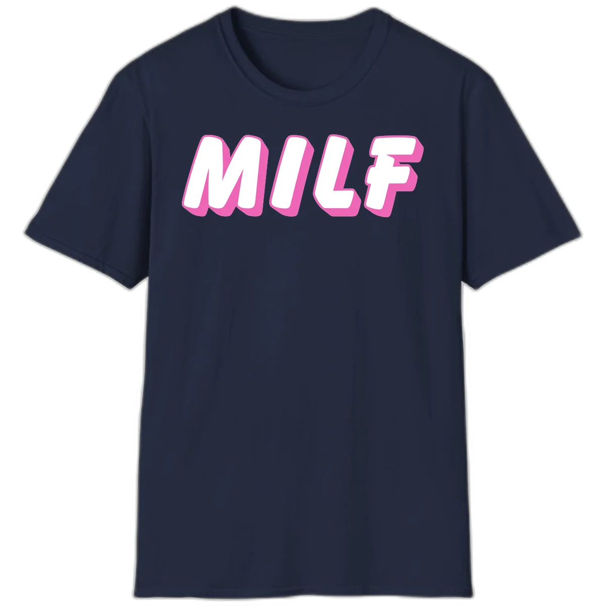 Bold white block letters spelling MILF with pink 3D shadow effect on gray background in Navy