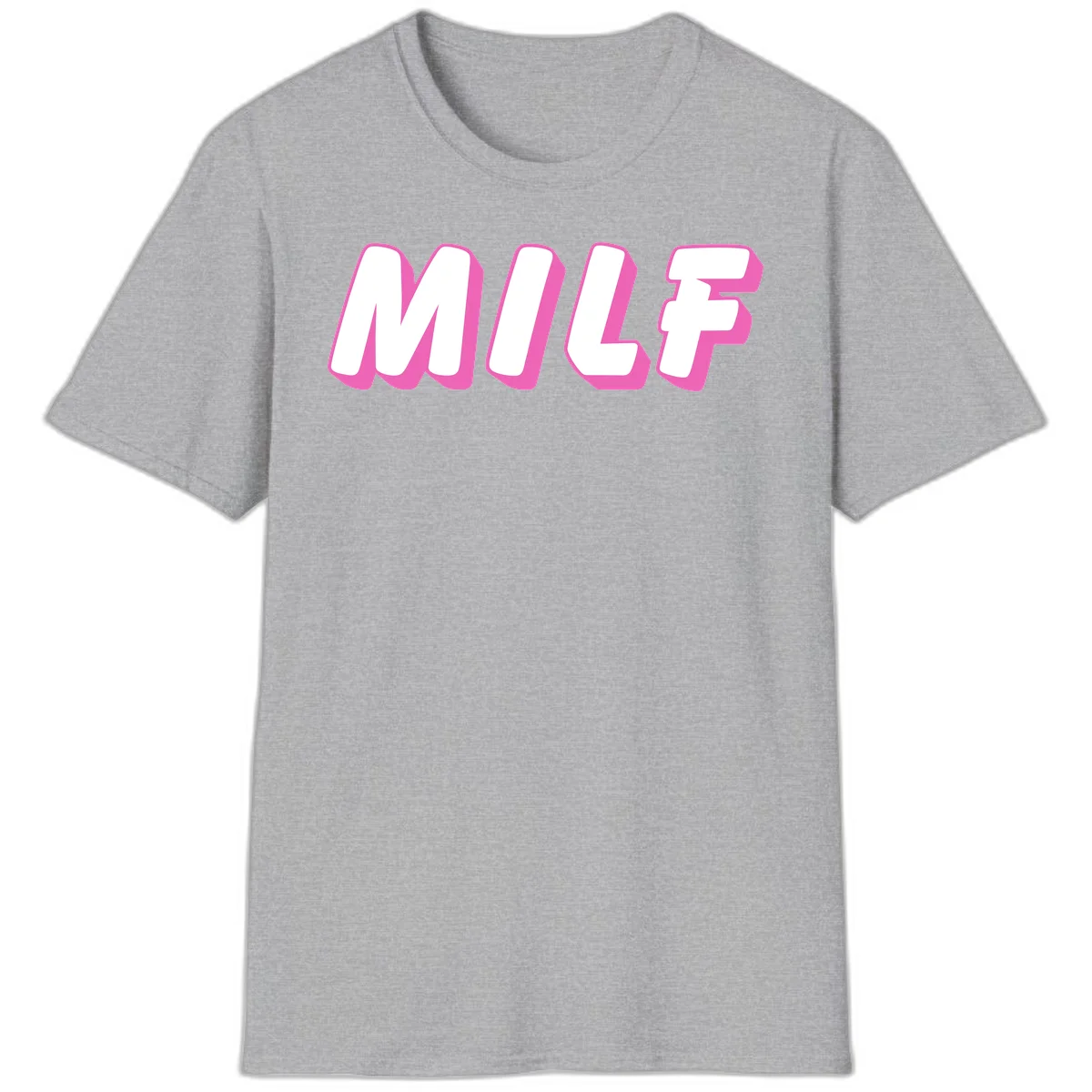 Bold white block letters spelling MILF with pink 3D shadow effect on gray background in Sport Grey