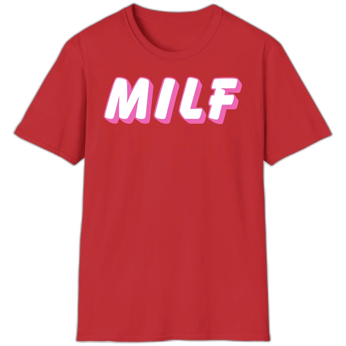 Bold white block letters spelling MILF with pink 3D shadow effect on gray background in Red