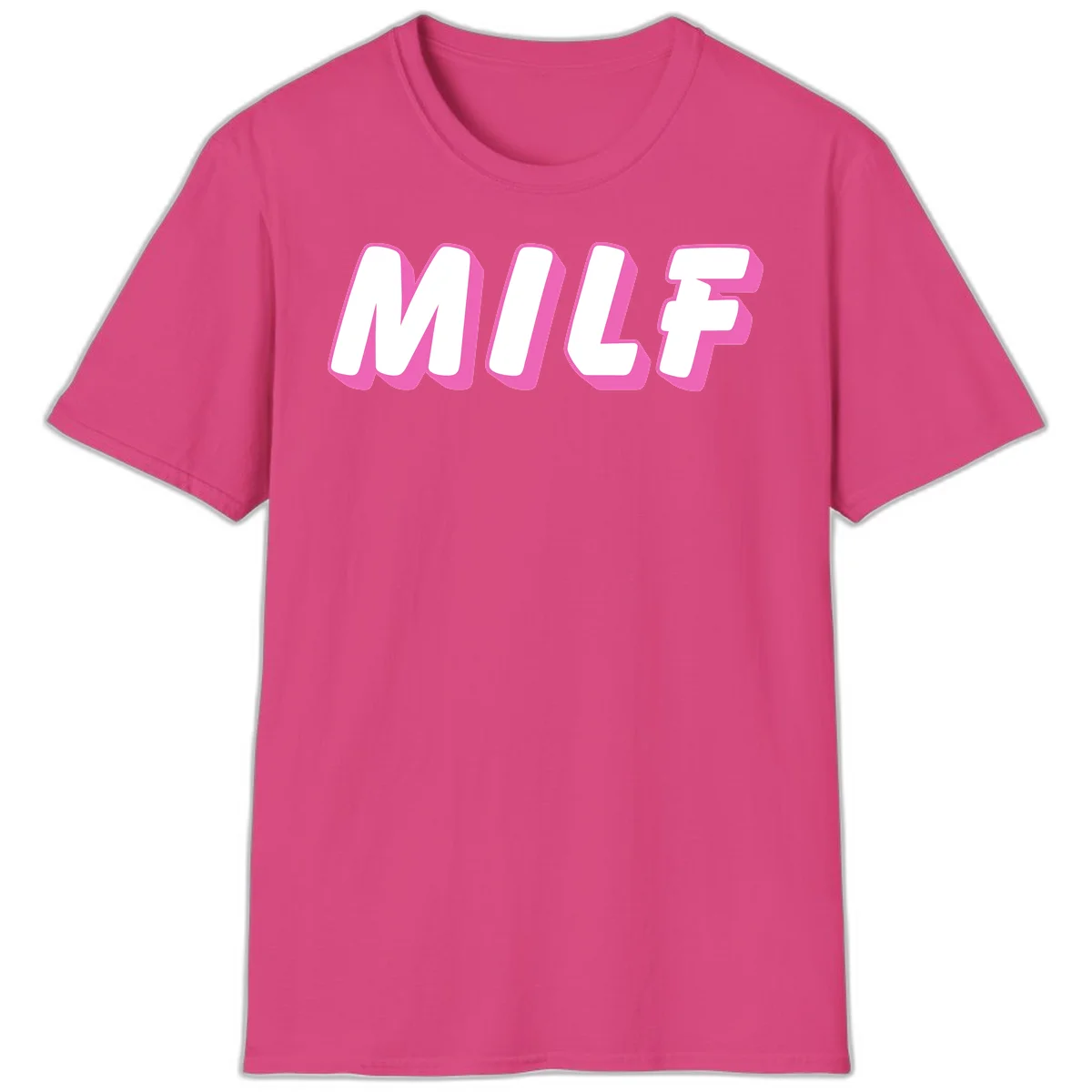 Bold white block letters spelling MILF with pink 3D shadow effect on gray background in Heliconia