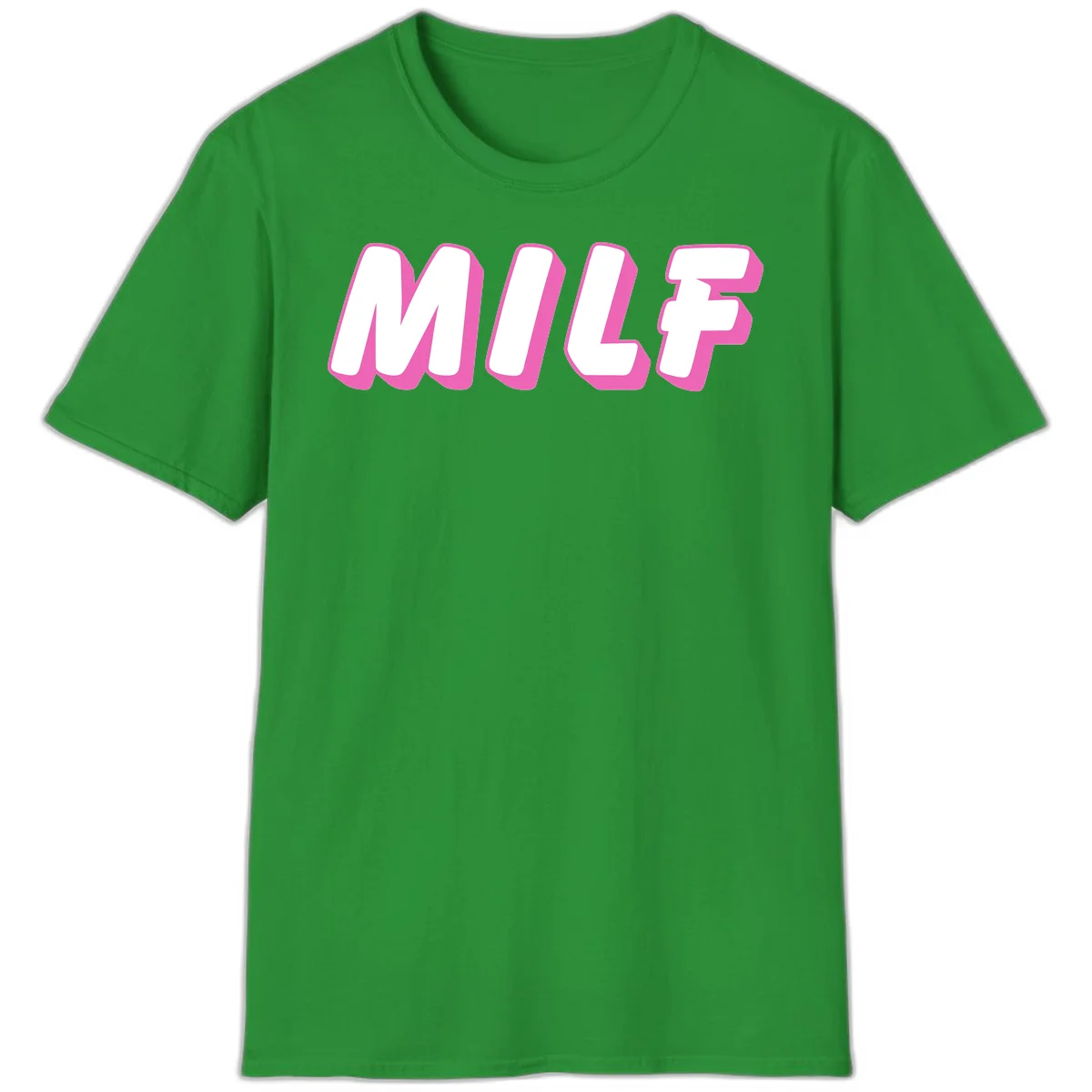 Bold white block letters spelling MILF with pink 3D shadow effect on gray background in Irish Green