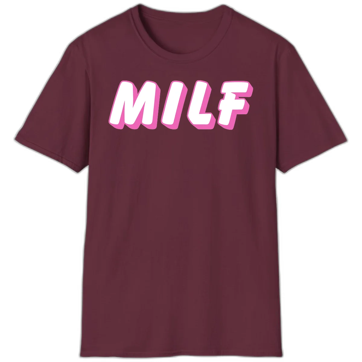 Bold white block letters spelling MILF with pink 3D shadow effect on gray background in Maroon