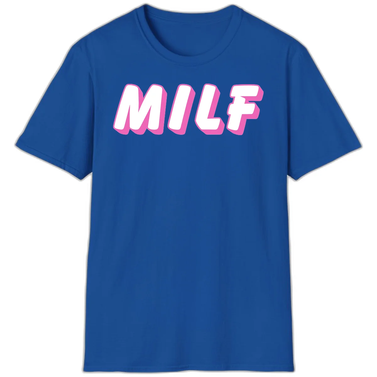 Bold white block letters spelling MILF with pink 3D shadow effect on gray background in Royal