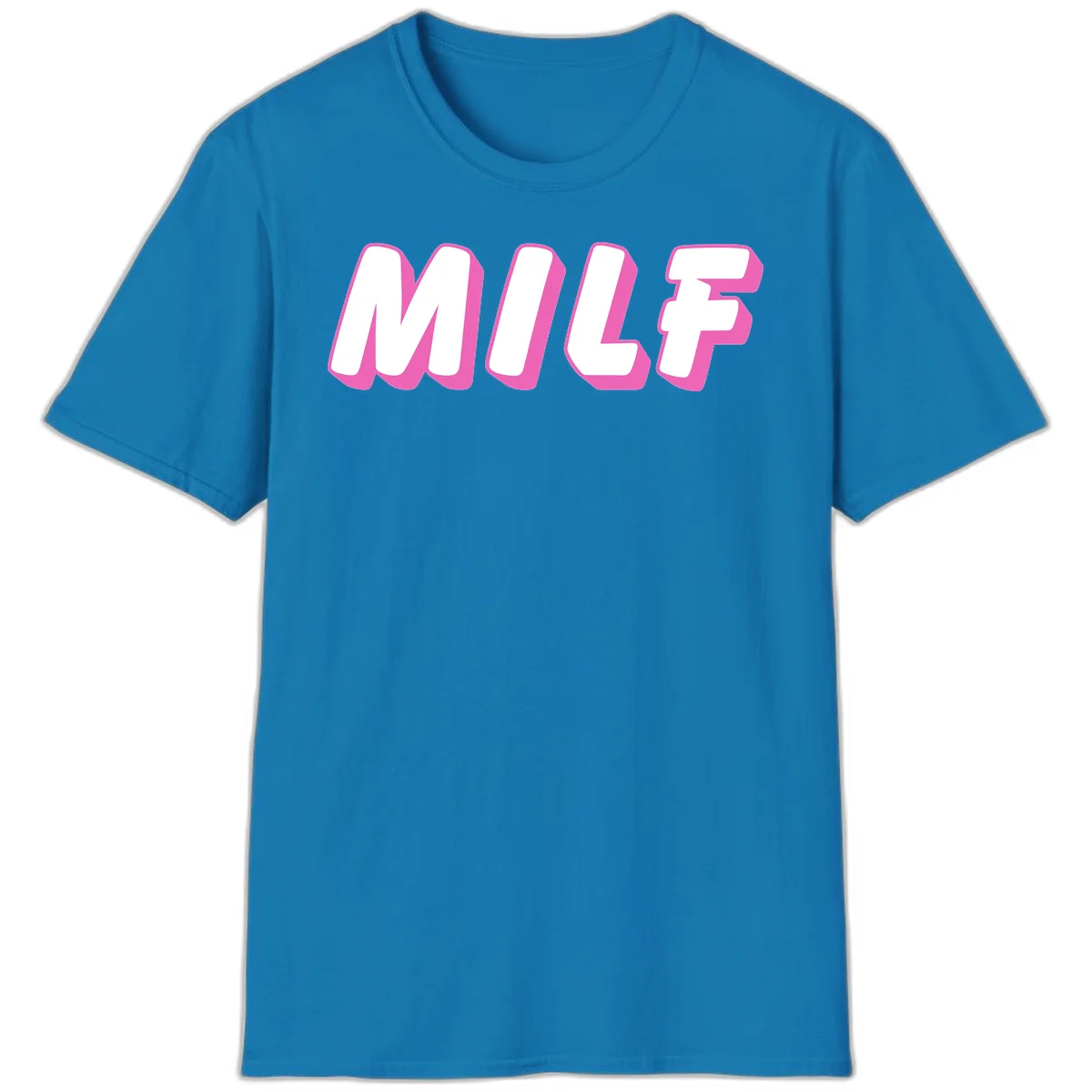 Bold white block letters spelling MILF with pink 3D shadow effect on gray background in Sapphire