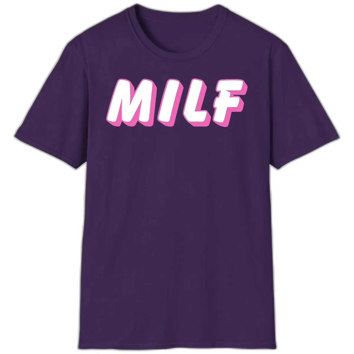 Bold white block letters spelling MILF with pink 3D shadow effect on gray background in Purple