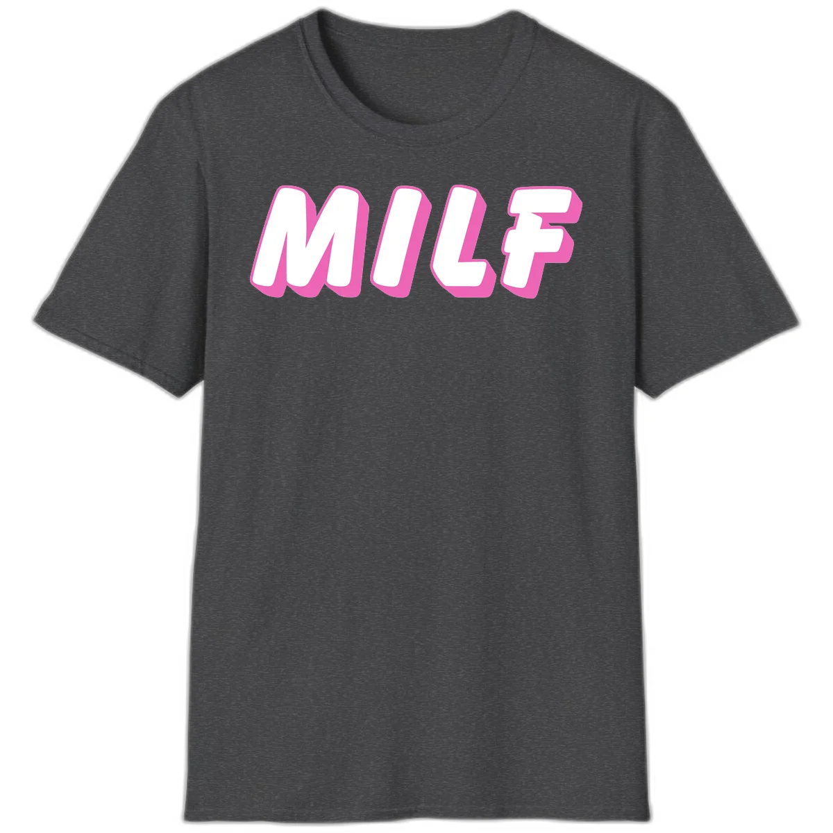Bold white block letters spelling MILF with pink 3D shadow effect on gray background in Dark Heather