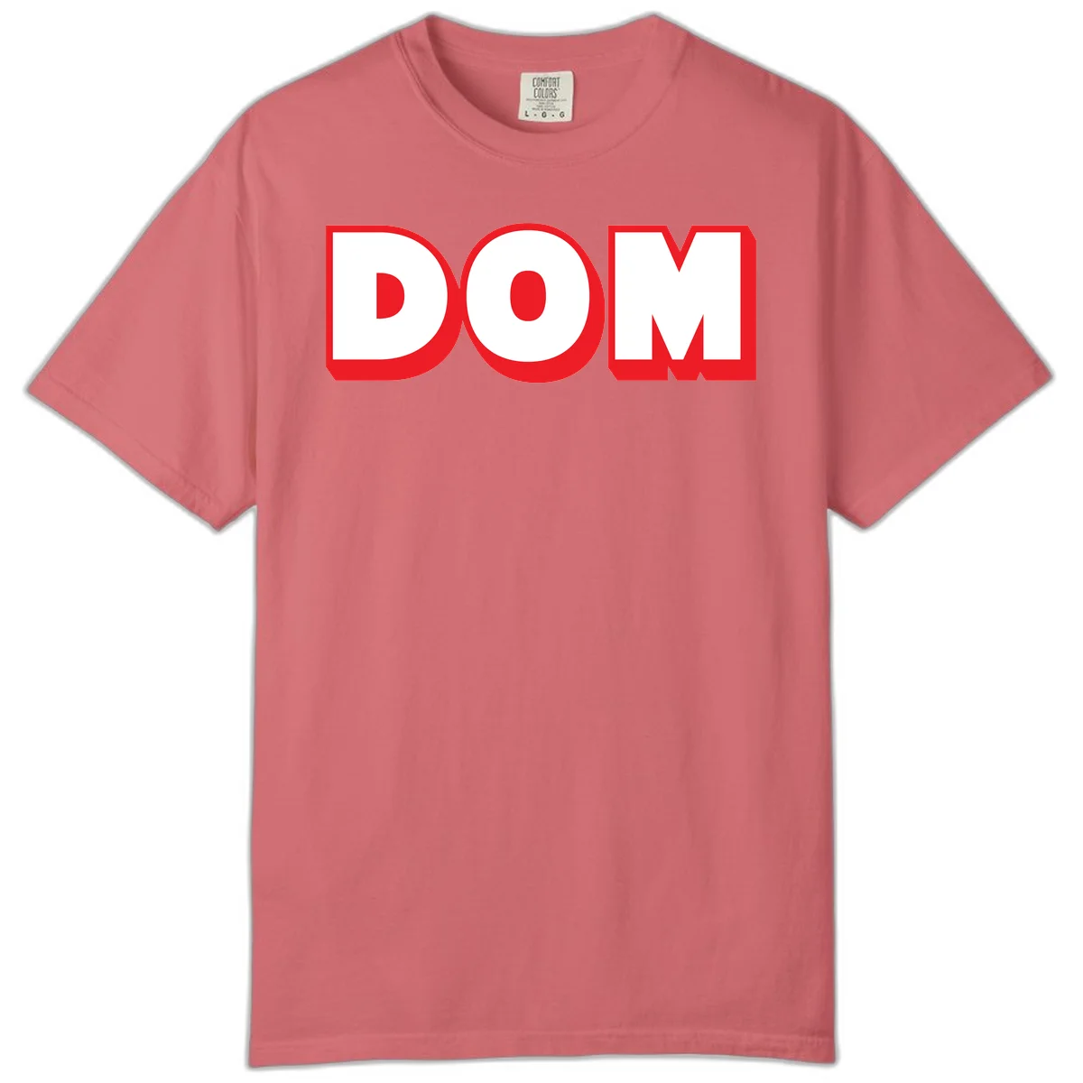 Bold red and white DOM typography design with thick sans-serif letters on gray background in Watermelon