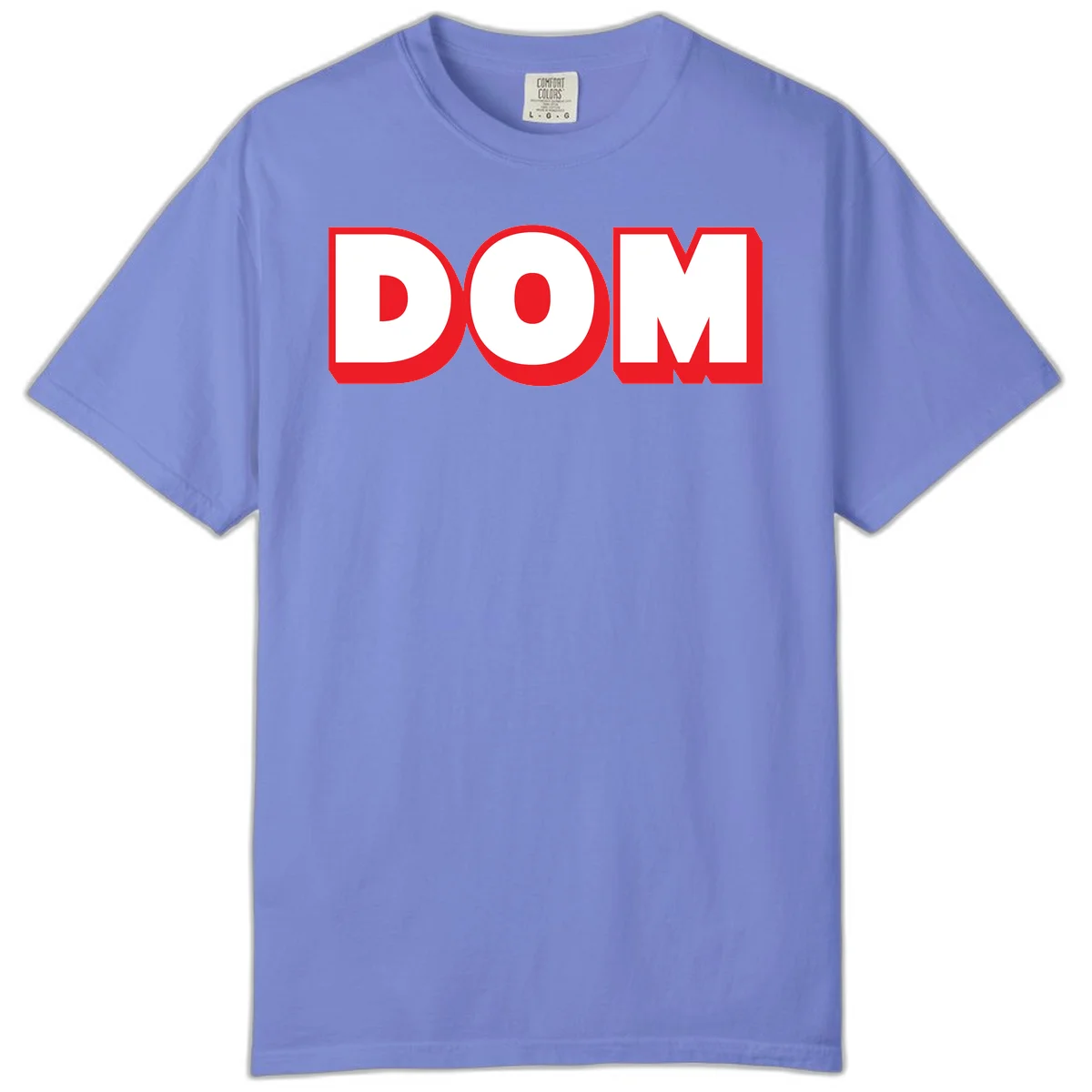 Bold red and white DOM typography design with thick sans-serif letters on gray background in Flo Blue