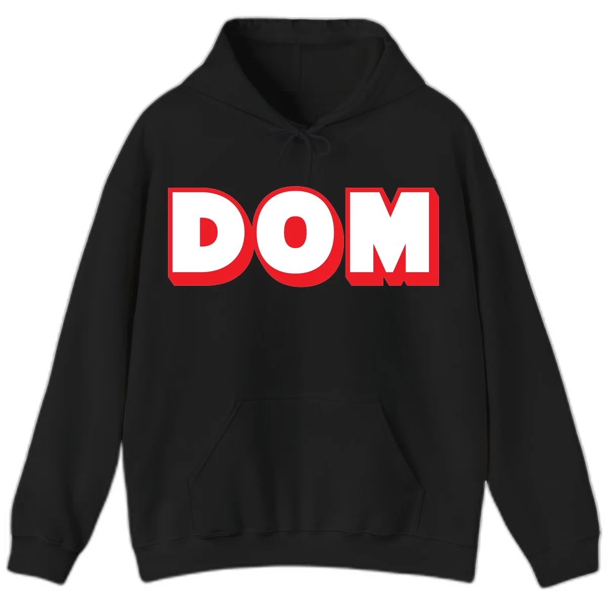 Bold red and white DOM typography design with thick sans-serif letters on gray background in Black