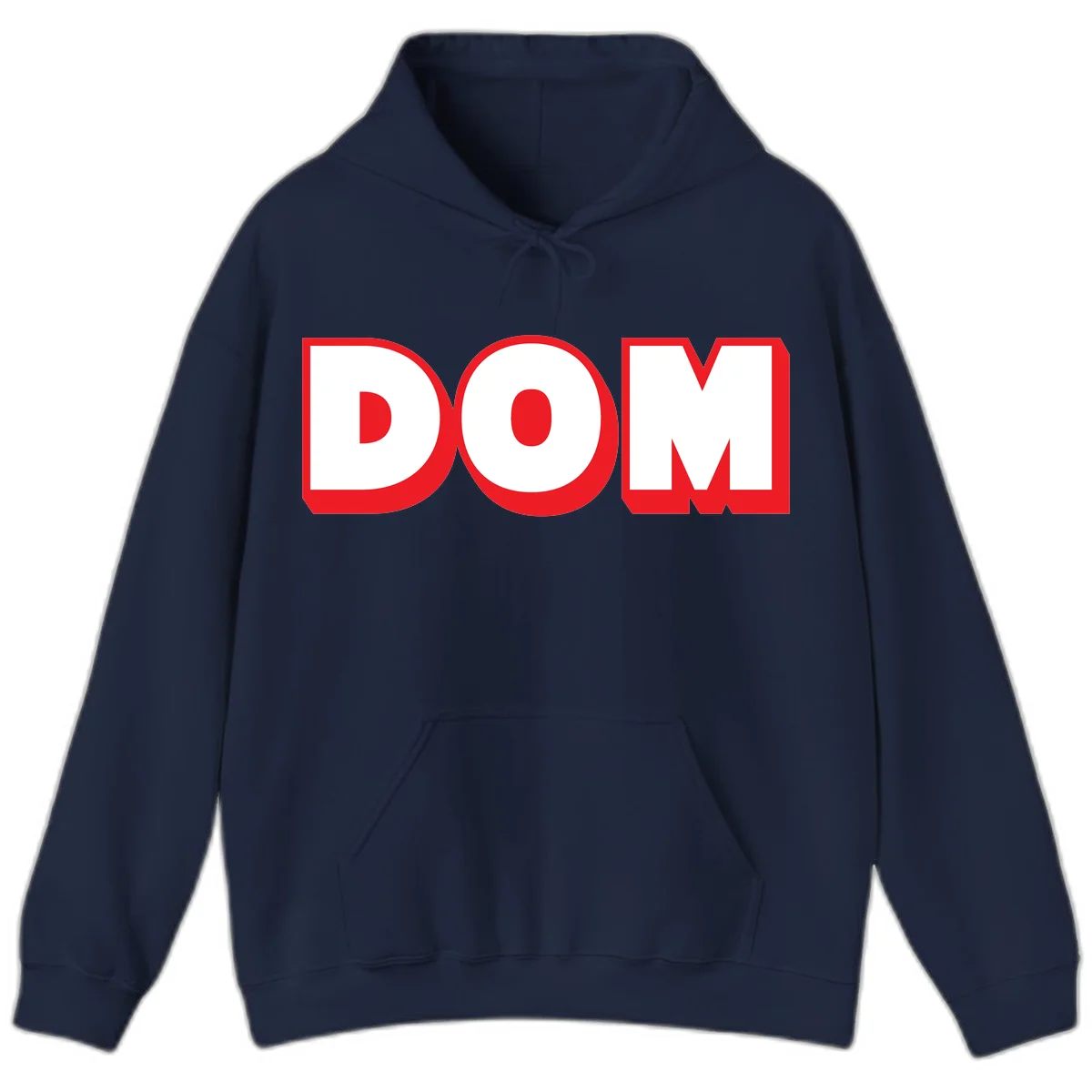 Bold red and white DOM typography design with thick sans-serif letters on gray background in Navy