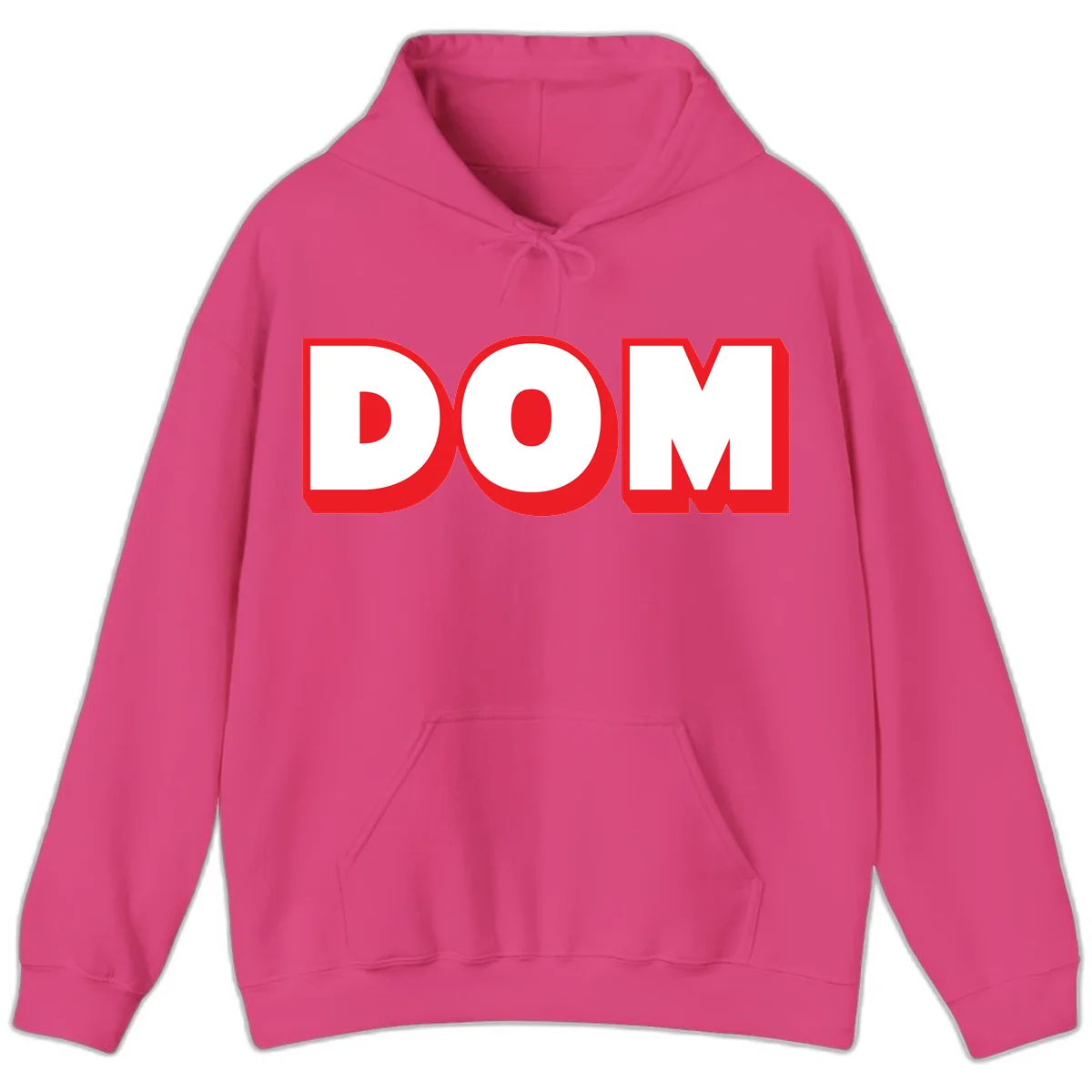 Bold red and white DOM typography design with thick sans-serif letters on gray background in Heliconia